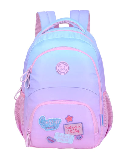 Light purple backpack with blue panel and pink trim, front zip pocket