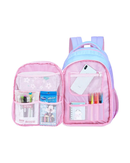 Light purple mini backpack open: front organizer, clear mesh pouch, phone pocket