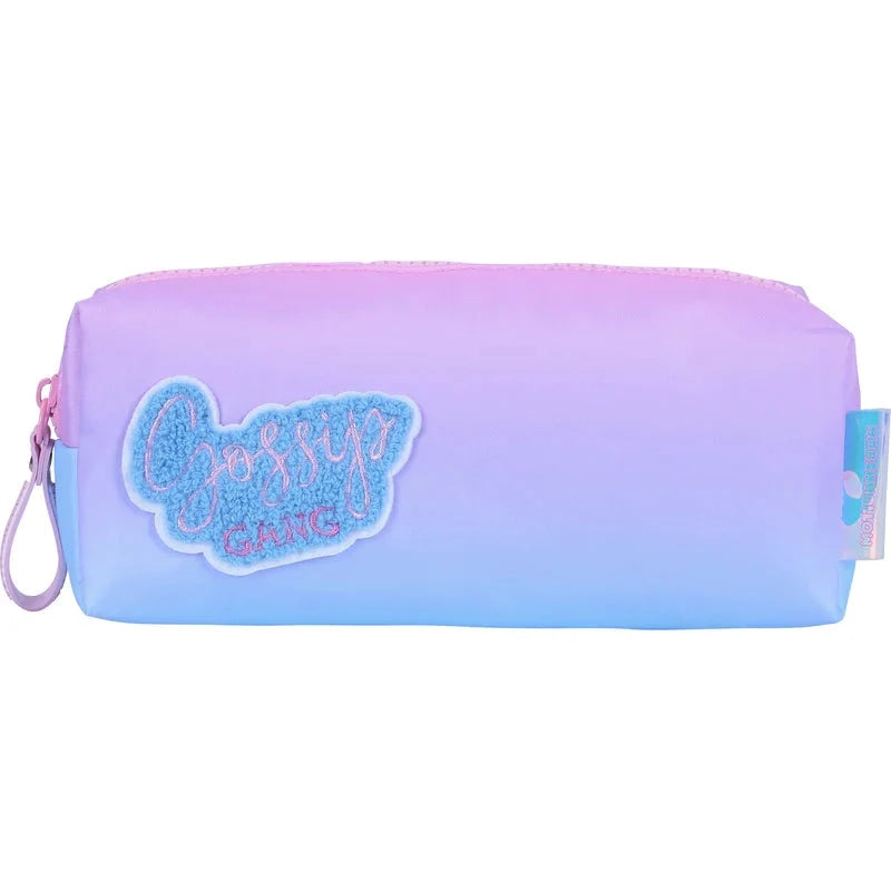 Gossip marshmallow pencil case with blue cloud logo, gradient purple-blue, zipper pull