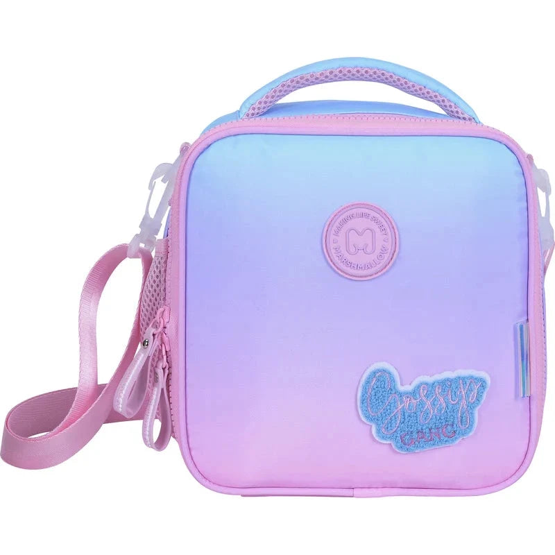 Marshmallow lunch bag with zipper top, pastel blue-purple, front logo patch