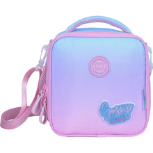Marshmallow lunch bag with zipper top, pastel blue-purple, front logo patch