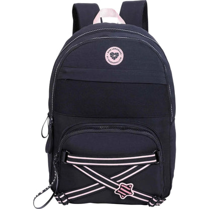 Marshmallow backpack, dark navy with front zip pocket and bow-shaped strap detail