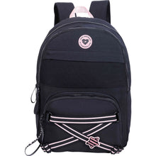 Rock It Marshmallow backpack in dark navy with pink trim, front zip pocket, logo badge