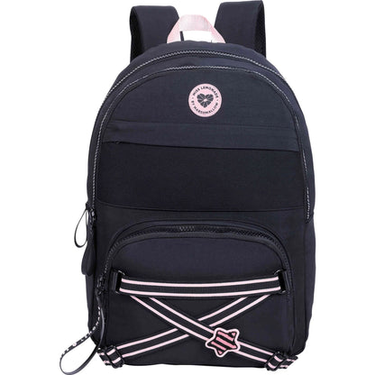Rock It Marshmallow backpack in dark navy with pink trim, front zip pocket, logo badge
