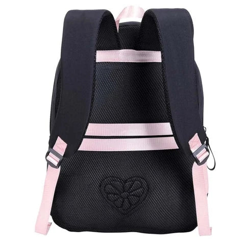 Rock It Marshmallow backpack, dark navy with pink striped padded straps and back panel logo