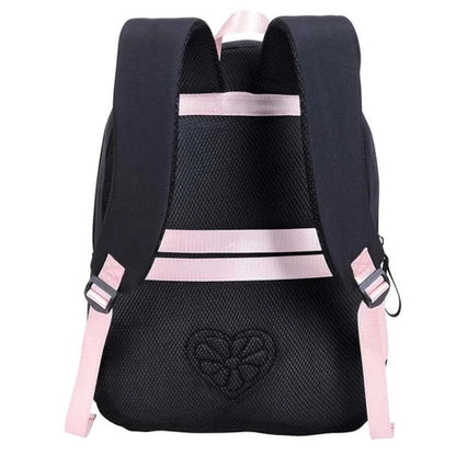 Rock It Marshmallow backpack, dark navy with pink striped padded straps and back panel logo