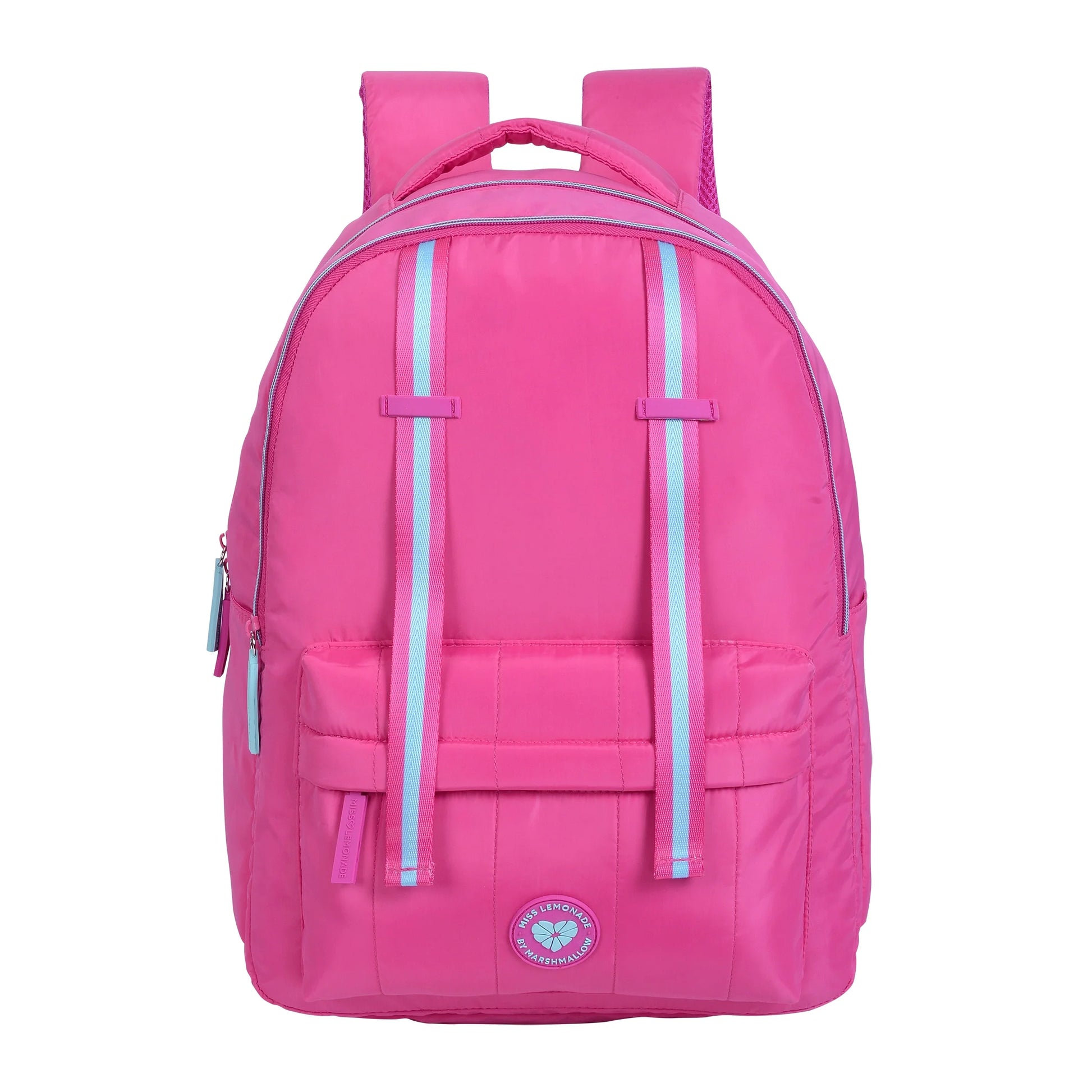 Hot-pink backpack with front flap, padded back panel, and adjustable shoulder straps