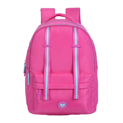 Hot-pink backpack with front flap, padded back panel, and adjustable shoulder straps