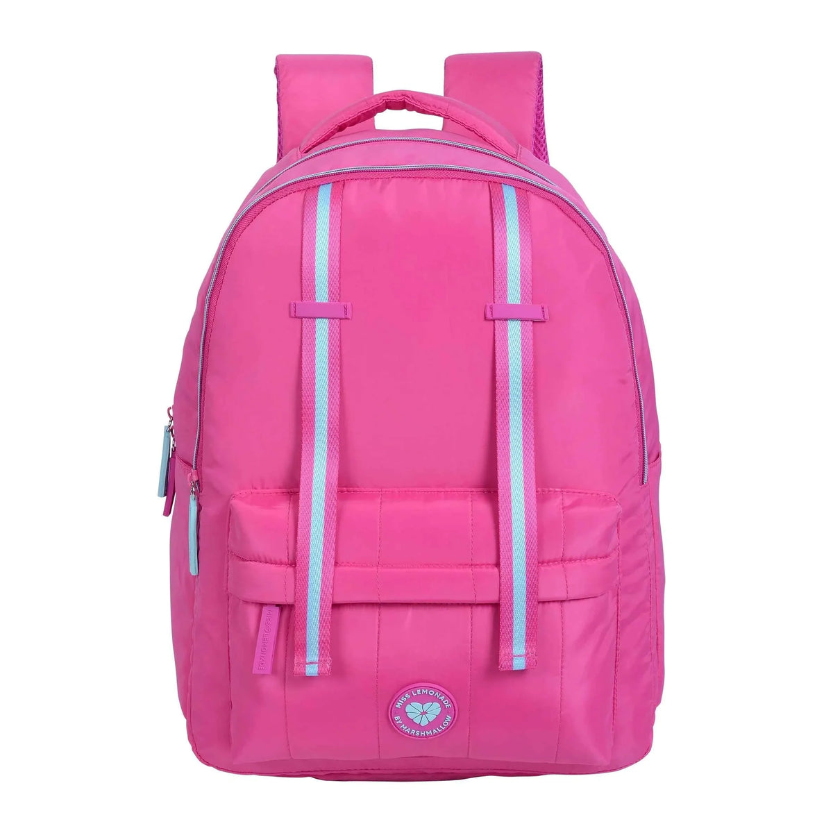 Pink backpack with dual front straps and zip front pocket, padded top handle