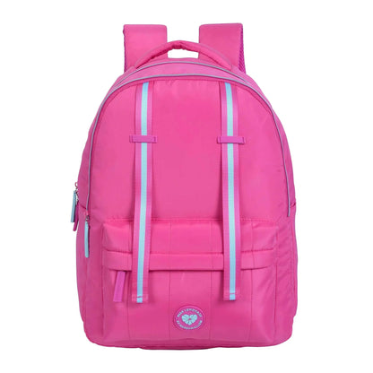 Pink backpack with dual front straps and zip front pocket, padded top handle