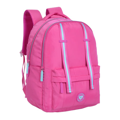 Pink backpack with curved zip-front, side pocket, and round logo patch on panel