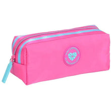 Pink zippered pencil case with striped trim and MISS LEMONADE logo patch.
