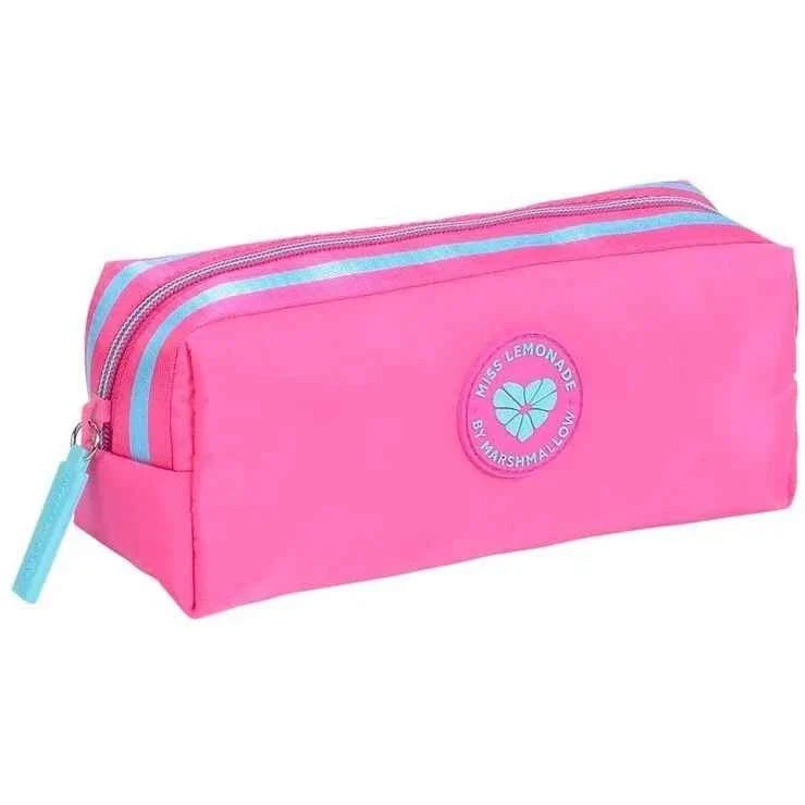Pink pencil case with double zippers and light blue striped trim, matching pull tab.