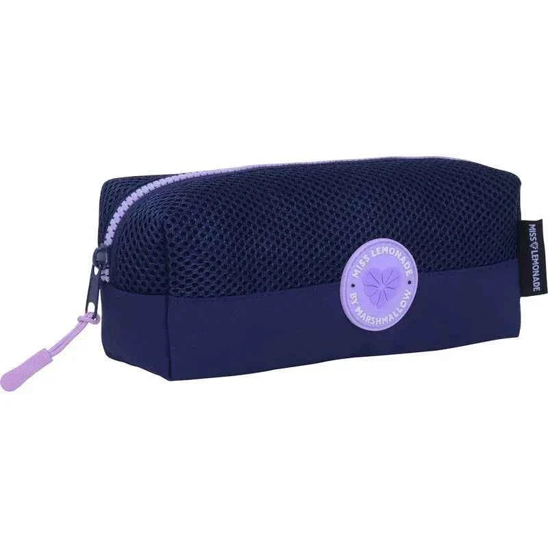 Navy pencil case with mesh-textured top, round logo patch, and lilac zipper pull.