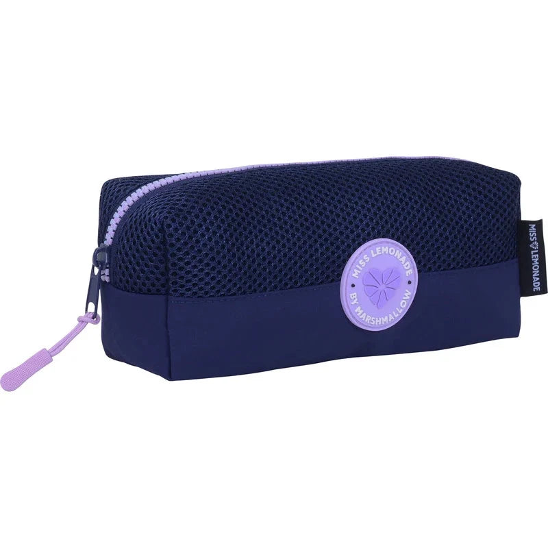 Navy mesh pencil case with zipper and circular logo patch, purple zipper pull