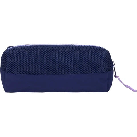 Navy mesh pencil case, full-width zipper and purple zipper pull