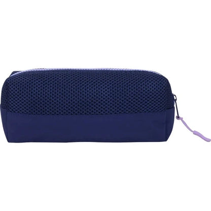 Navy mesh pencil case, full-width zipper and purple zipper pull