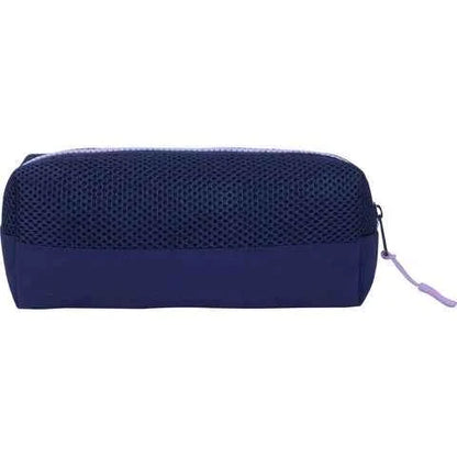 Navy pencil case with curved zipper edge and lilac pull cord loop.