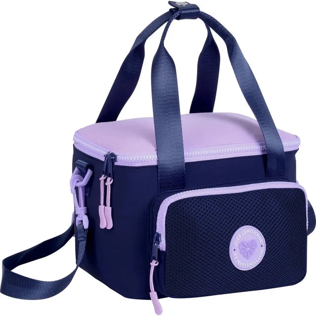 Navy mesh lunch bag with front zip pocket, purple trim, top handle and shoulder strap