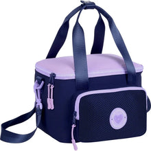 Navy mesh lunch bag with front zip pocket, purple trim, top handle and shoulder strap