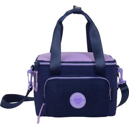 Navy insulated lunch bag with zip front pouch, purple zipper, double handles and strap