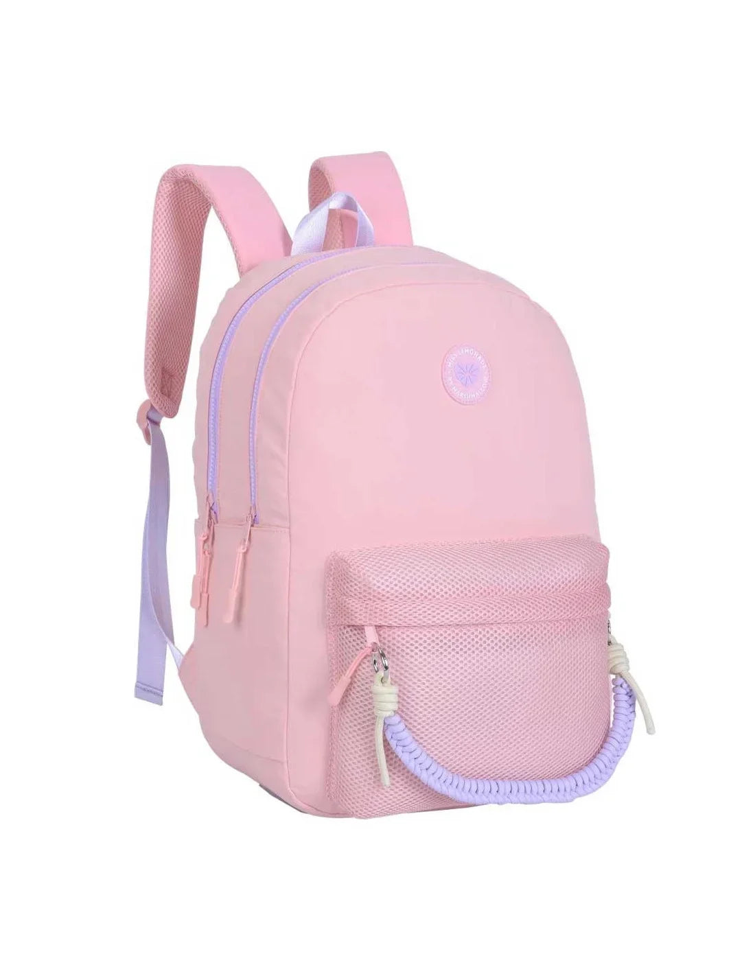 Pink mesh mini backpack with front pocket, two zip compartments, adjustable shoulder straps