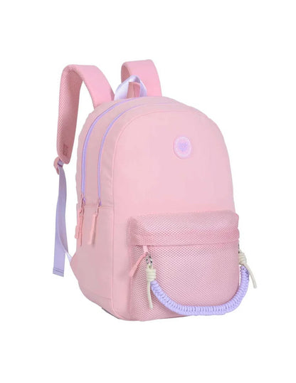 Pink mesh mini backpack with front pocket, two zip compartments, adjustable shoulder straps