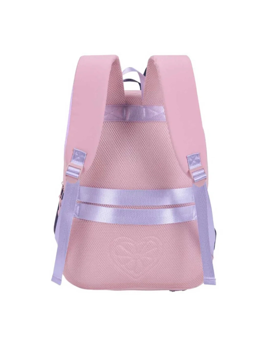 Pink mini backpack with mesh front, top handle, adjustable straps, two-tone webbing
