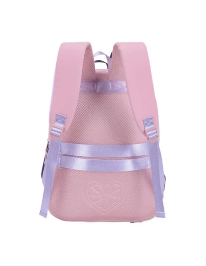 Pink mini backpack with mesh front, top handle, adjustable straps, two-tone webbing