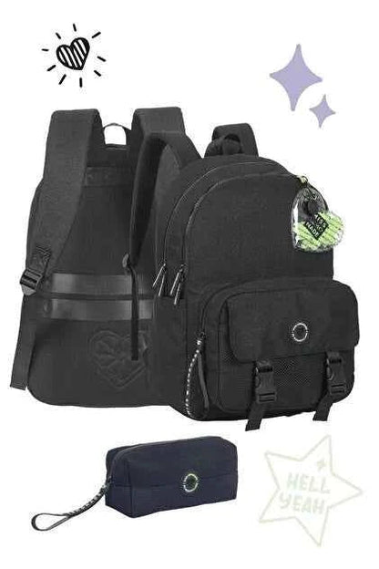 Black backpack set with matching small pouch, front pockets, and adjustable straps