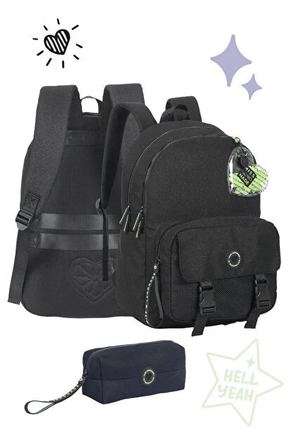 Marshmallow black backpack with side straps, small pouch and front emblem
