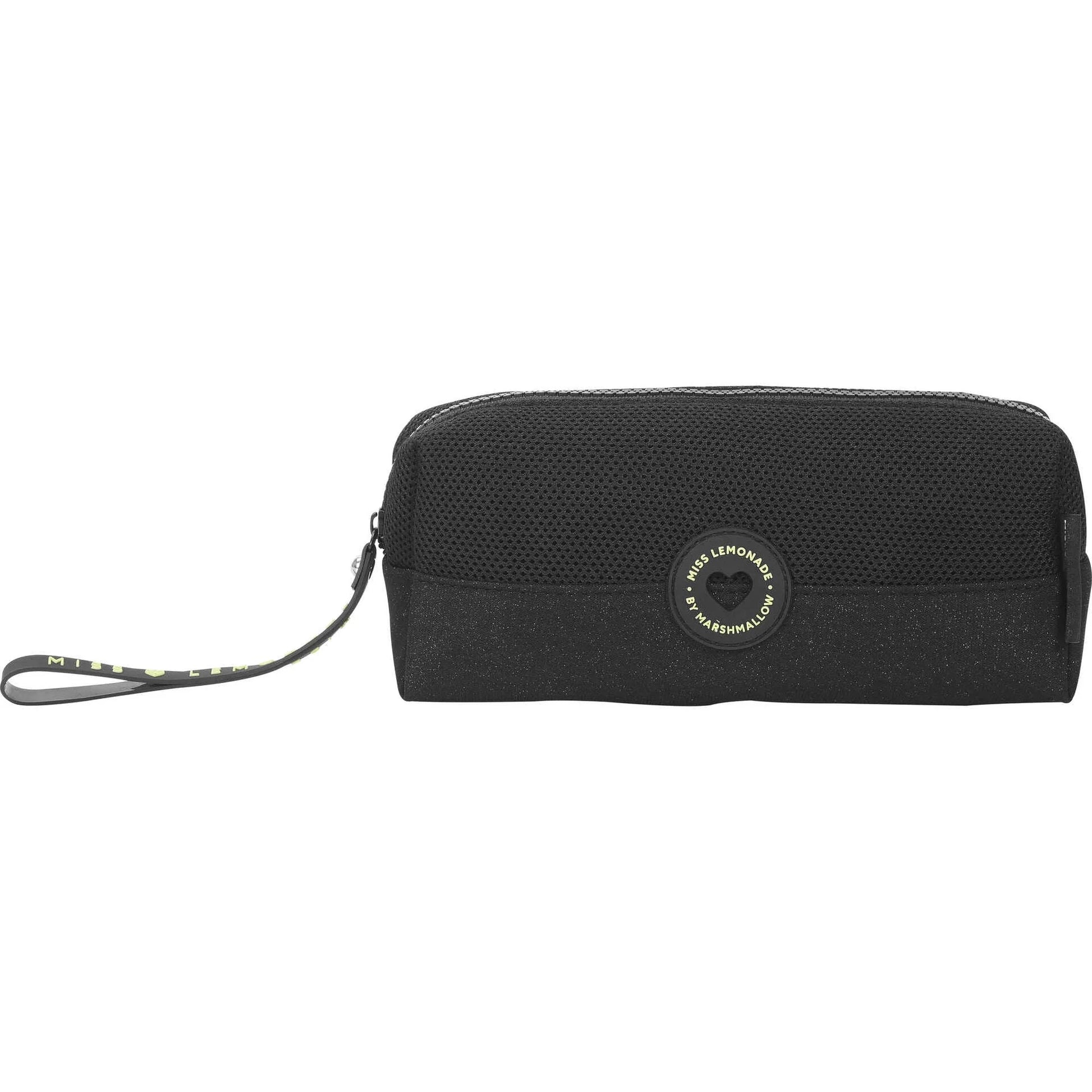 Black zippered pencil case with wrist strap and round logo