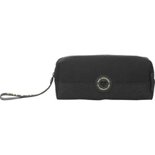 Black zippered pencil case with wrist strap and round logo