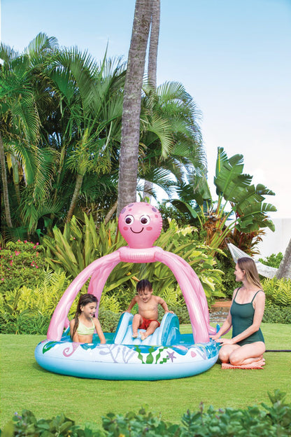 Inflatable octopus play center with pink octopus figure and colorful sea-life graphics