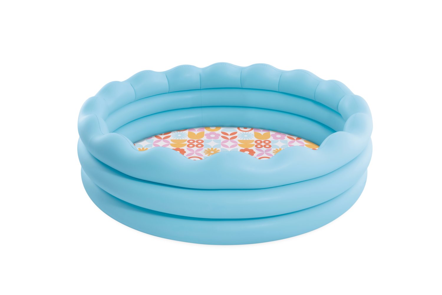 Wavy edge inflatable pool, light blue ring with floral pattern inside