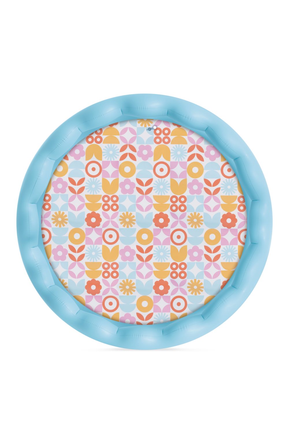 Wavy edge inflatable pool with light blue rim and floral patterned base, top view