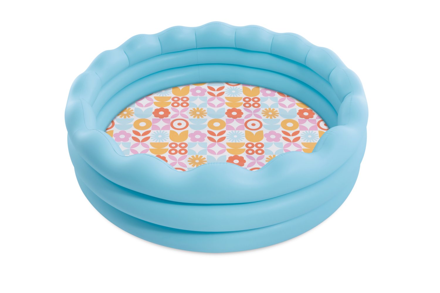 Wavy edge inflatable pool with light blue sides and multicolor floral patterned bottom