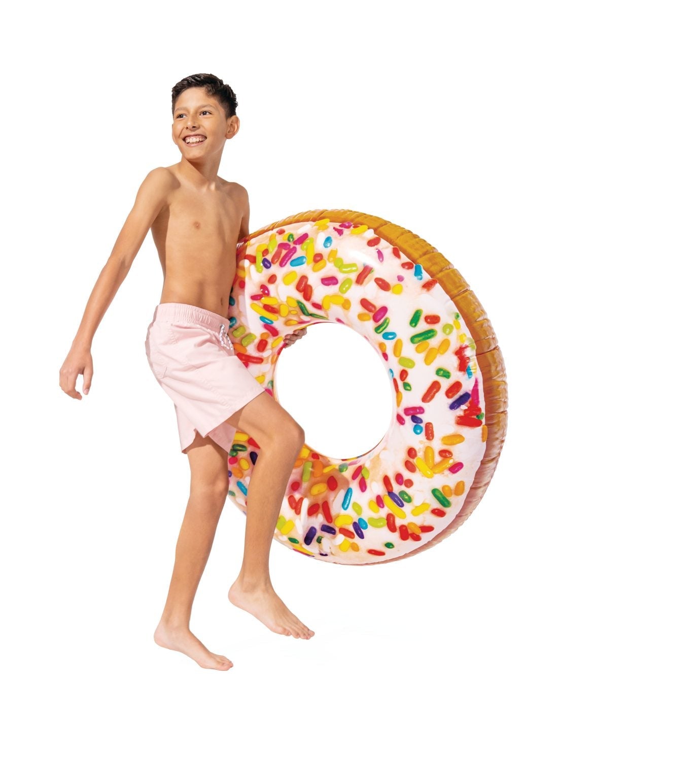 Inflatable donut pool float tube with white frosting and rainbow sprinkle design