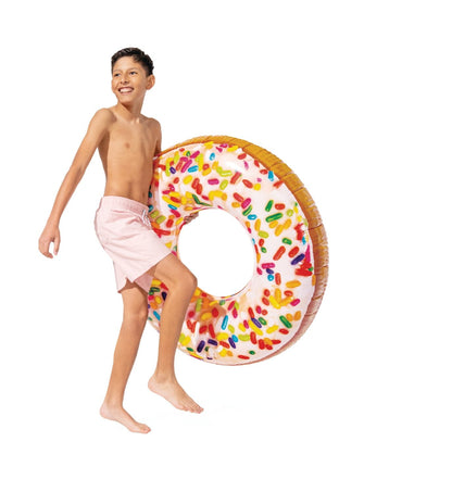 Inflatable donut pool float tube with white frosting and rainbow sprinkle design