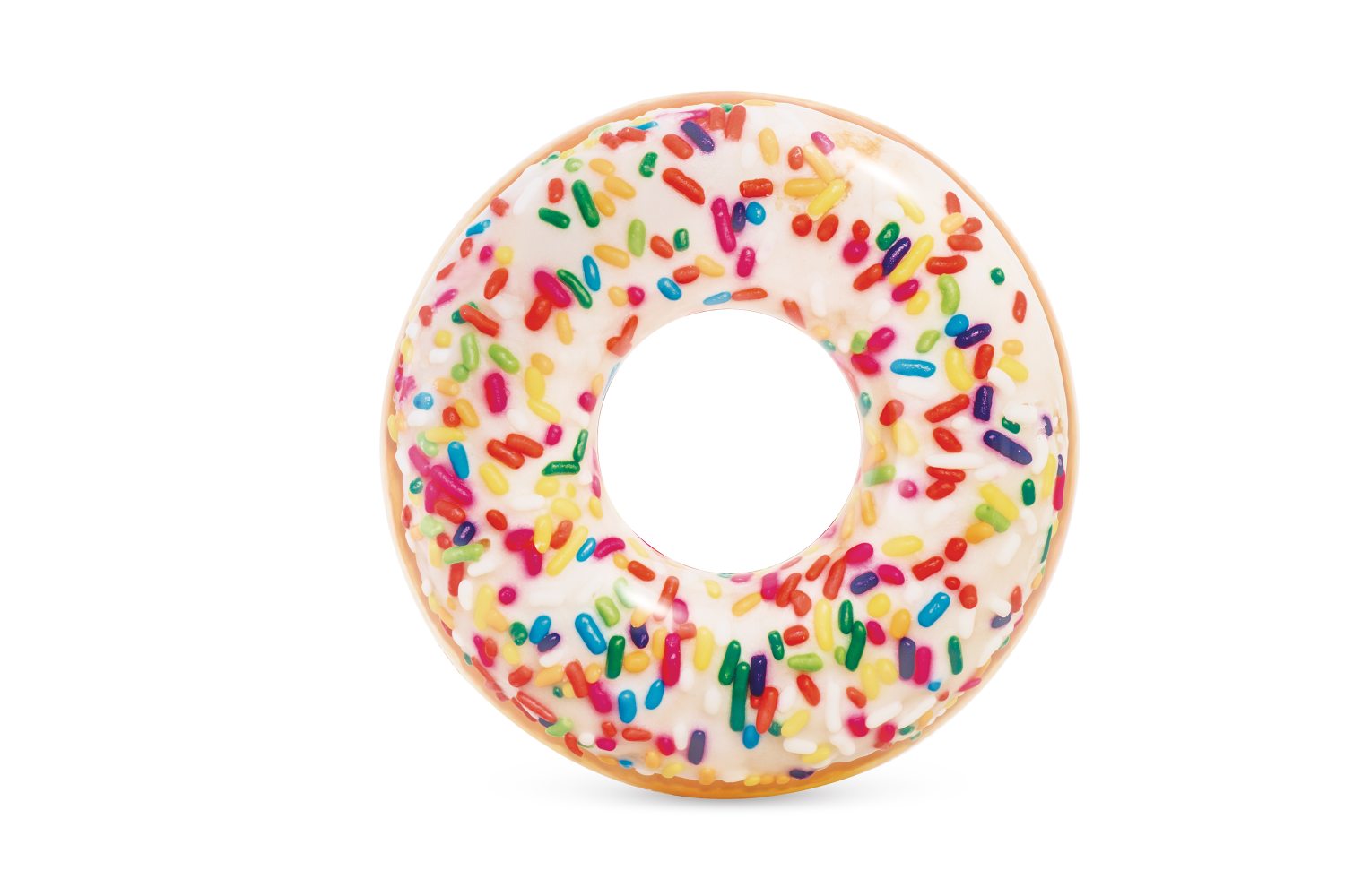 Inflatable donut pool float tube with white base and colorful sprinkle topping