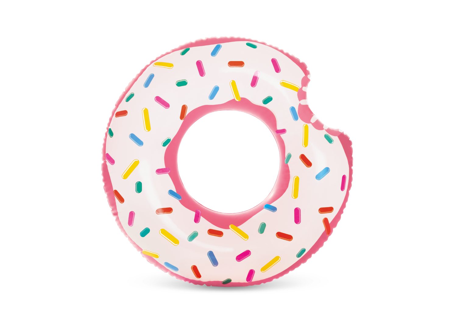 Inflatable rainbow donut tube with colorful sprinkles and large center hole