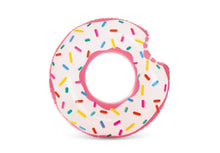 Inflatable rainbow donut tube with colorful sprinkles and large center hole