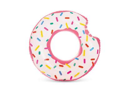 Inflatable rainbow donut tube with colorful sprinkles and large center hole