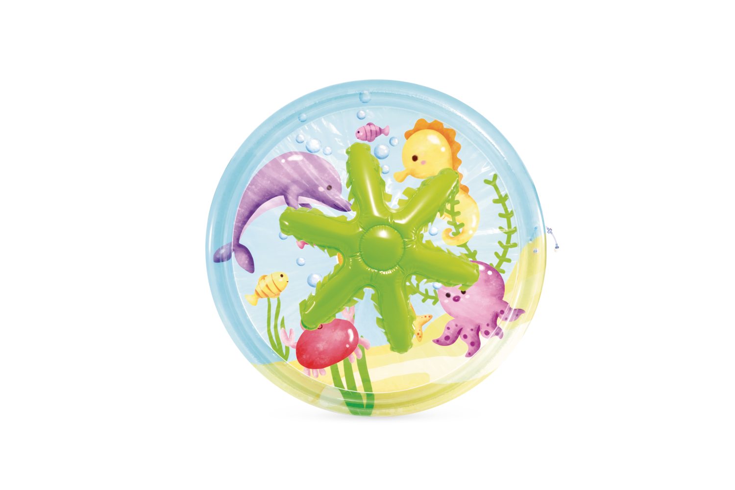 Inflatable pool top view with blue rim and sea-animal graphics
