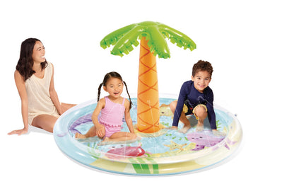 Inflatable kids pool with orange palm tree spray and underwater artwork