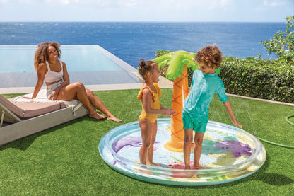 Inflatable palm-spray pool with green canopy and orange trunk, sea-animal design