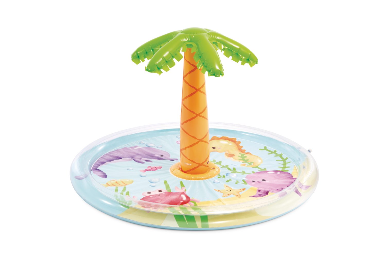 Inflatable kids pool with palm tree spray and sea-animal print