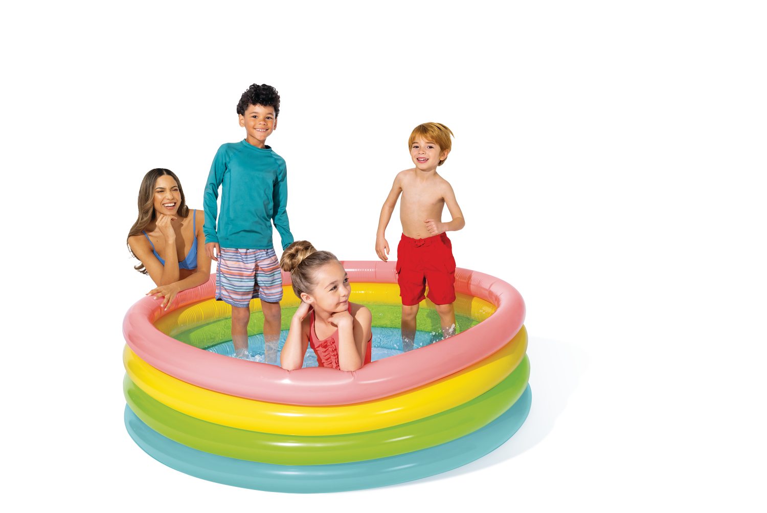 Inflatable rectangular kids pool with multicolor side walls, children playing inside