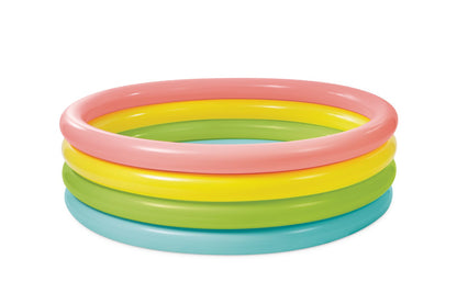 Inflatable kids pool with pink, yellow, green, and blue multi-ring walls