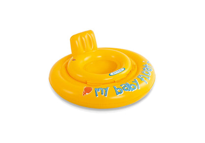 Inflatable baby float ring in yellow with raised headrest and front carrying handle